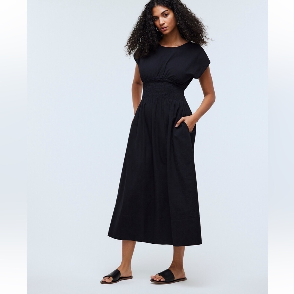 Madewell Smocked Waist Midi Dress Stripe Seersucker Linen Blend Black XS NWT - Picture 4 of 13
